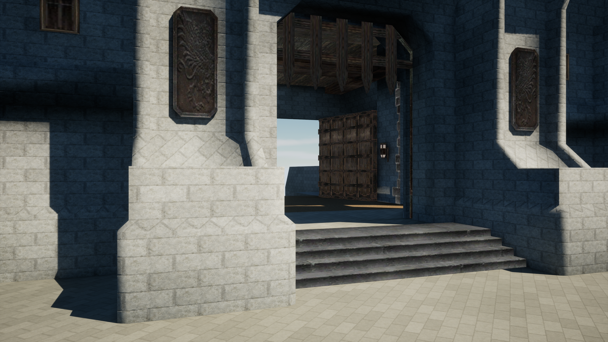 Weathered stone blocks and worn paving around San d’Oria’s original wooden gate and heraldic plaques.