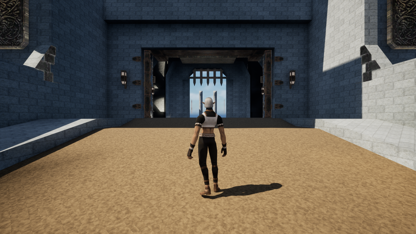 An Elvaan character stands before the gate in the aged-material sample, with grey stone walls and an earthy path.