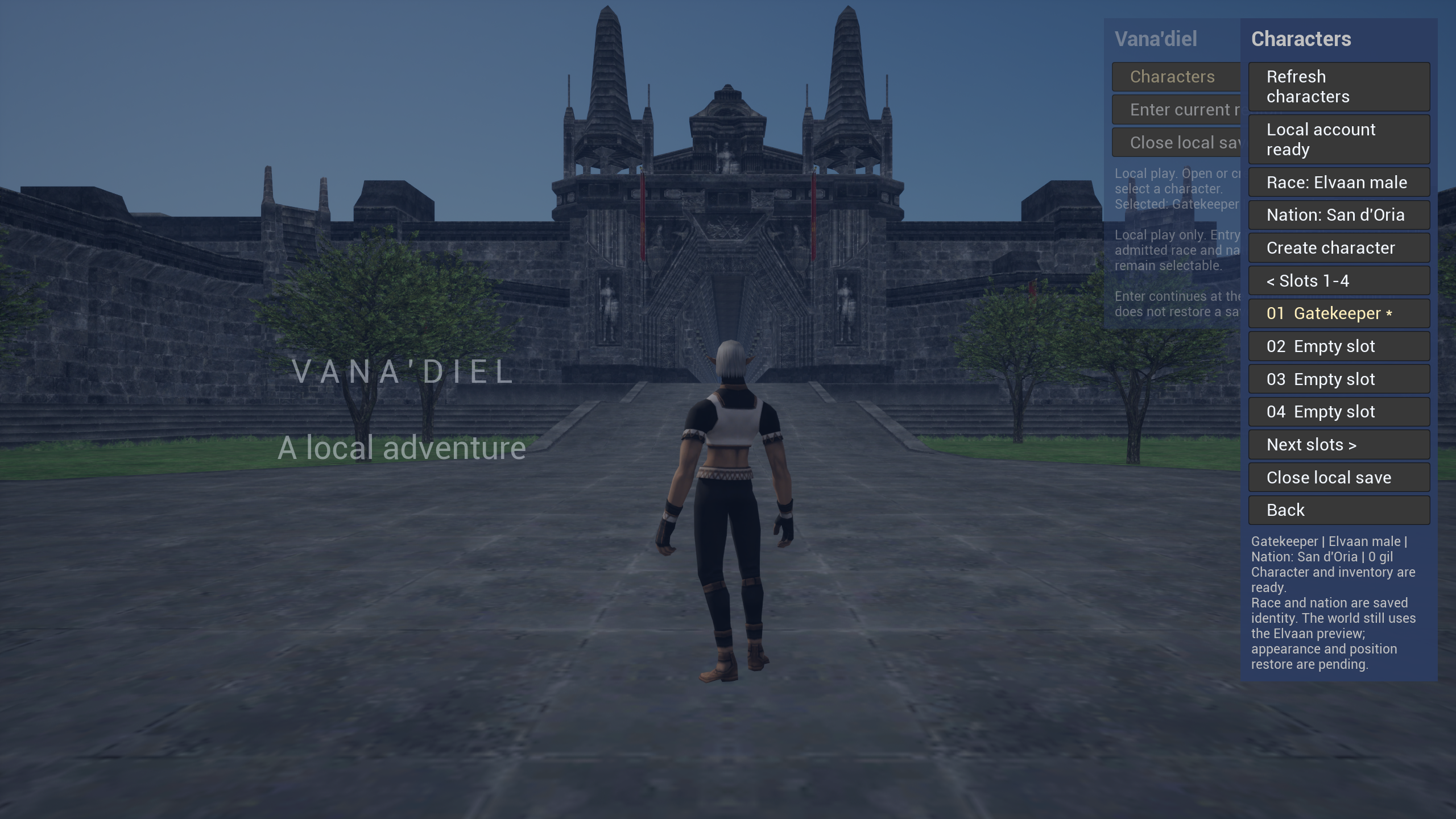 The prototype character-selection menu over an in-engine view of San d’Oria and an Elvaan character