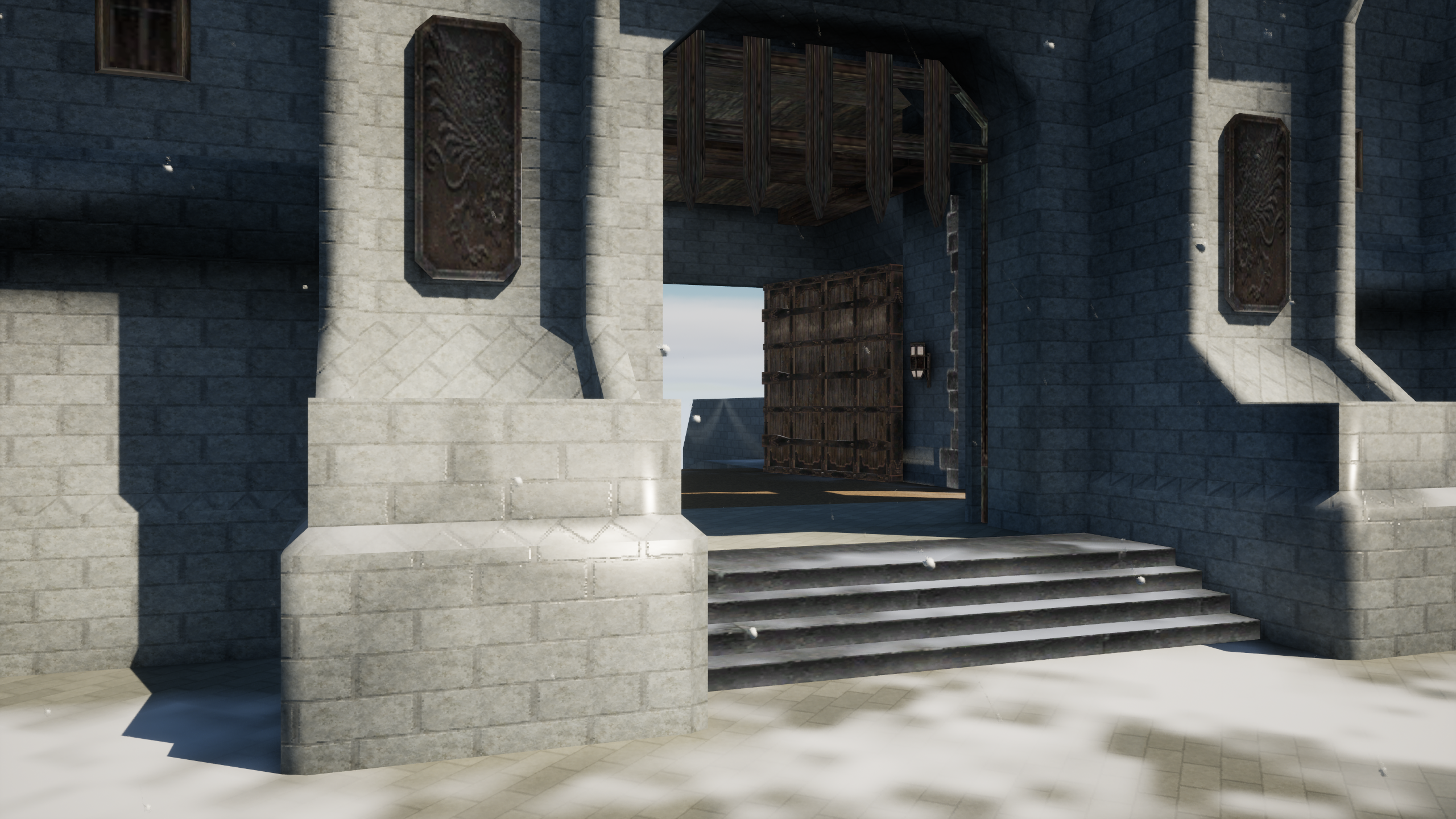 The repaired isolated sample keeps the wooden gate underside dark while exposed steps retain snow.