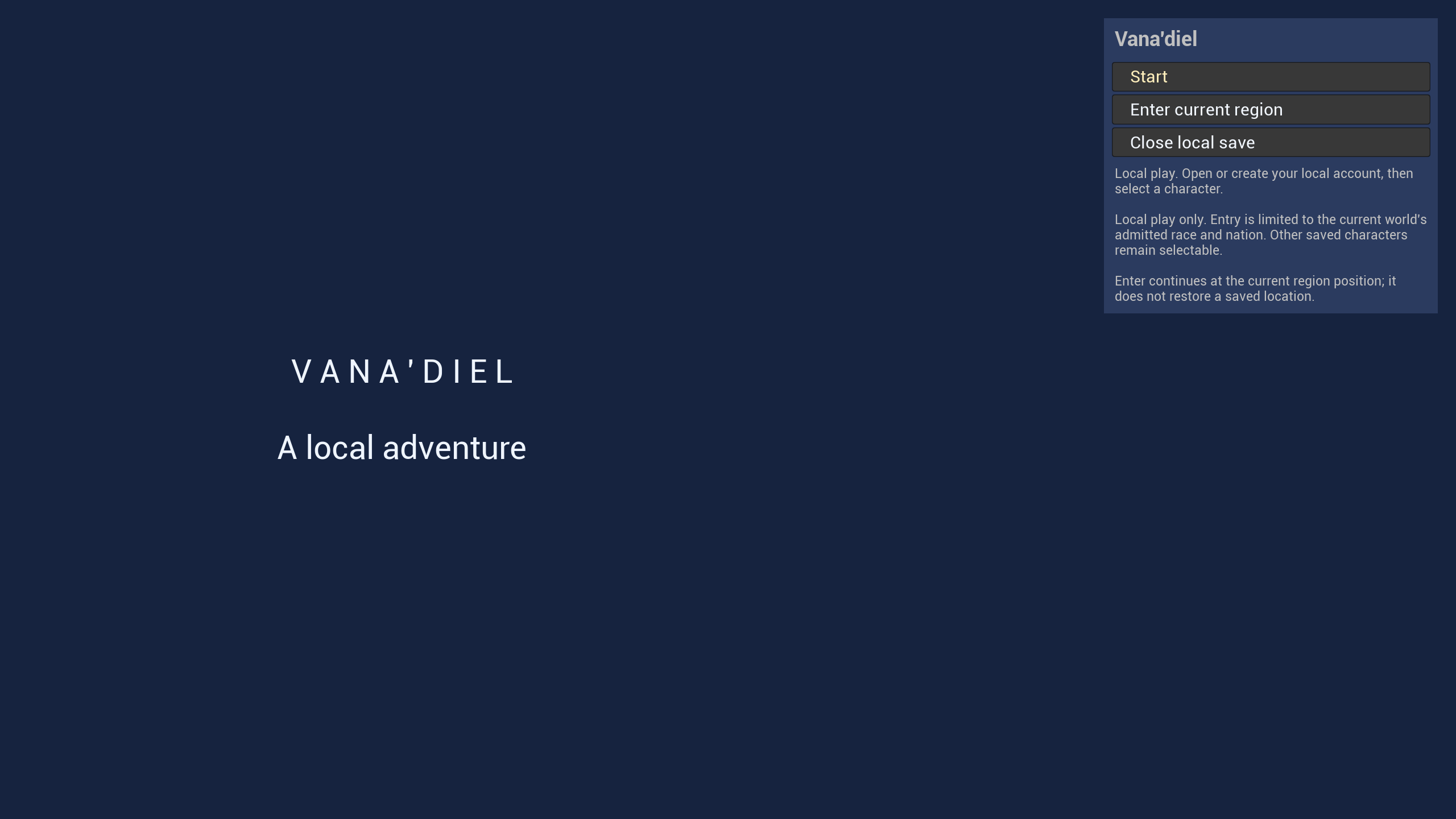A dark blue prototype title screen reading Vana’diel, A local adventure, with local-play menu controls