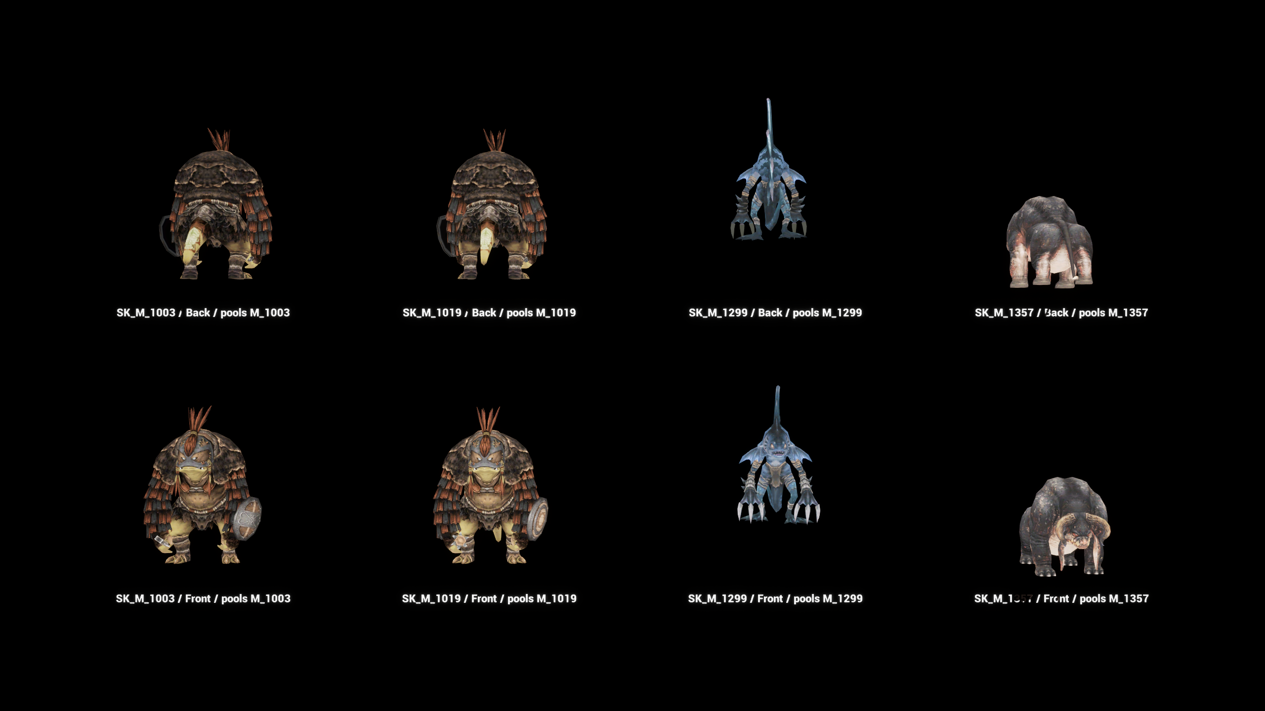 Four imported retail creature models shown from opposing views on a black comparison background