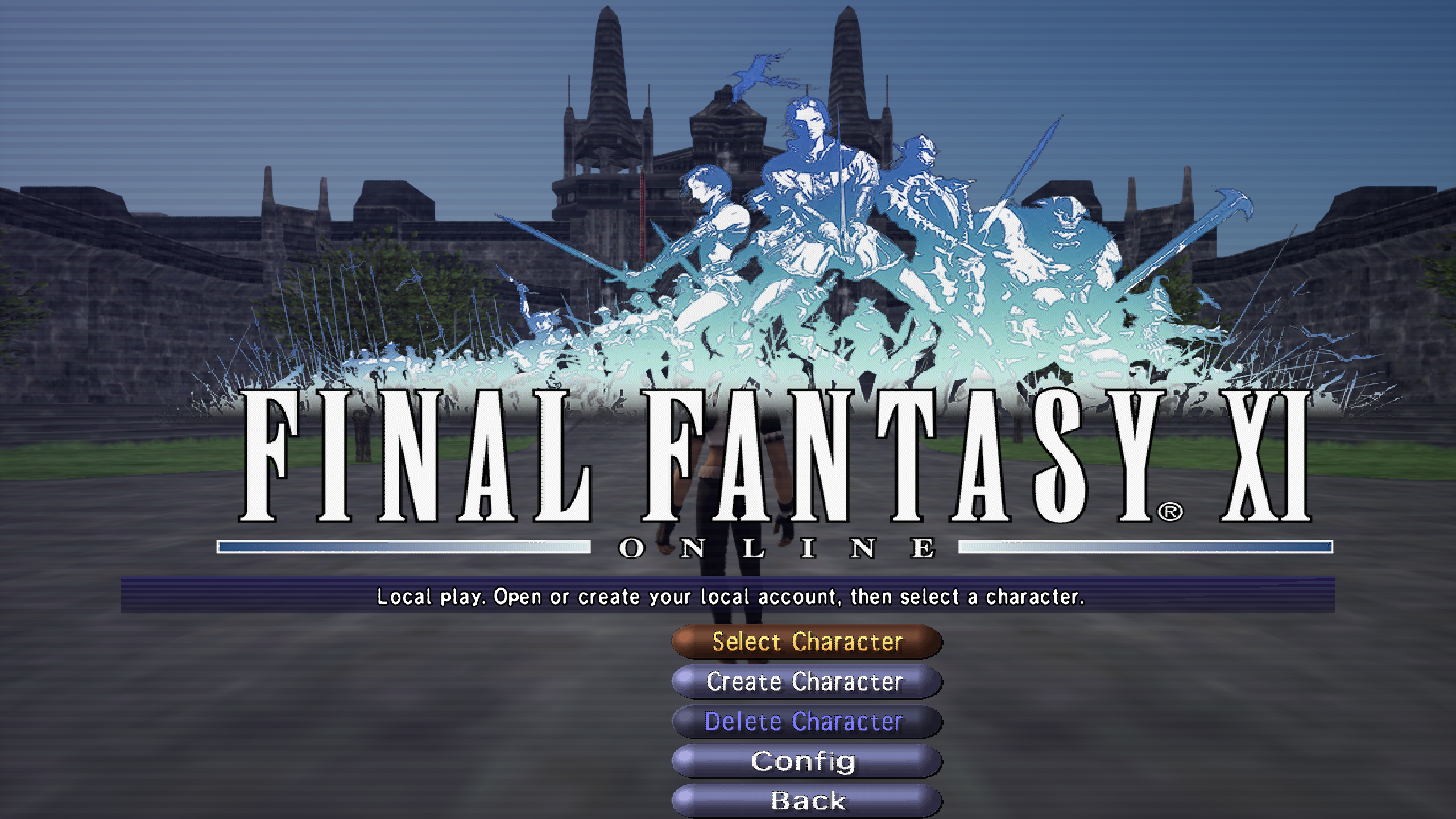 The FINAL FANTASY XI title artwork and five lobby buttons over an Unreal view of San d’Oria