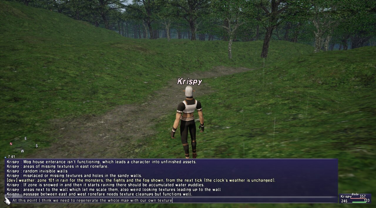 Krispy stands on a narrow earthy path between grassy slopes and trees in Ronfaure, with the current interface visible.