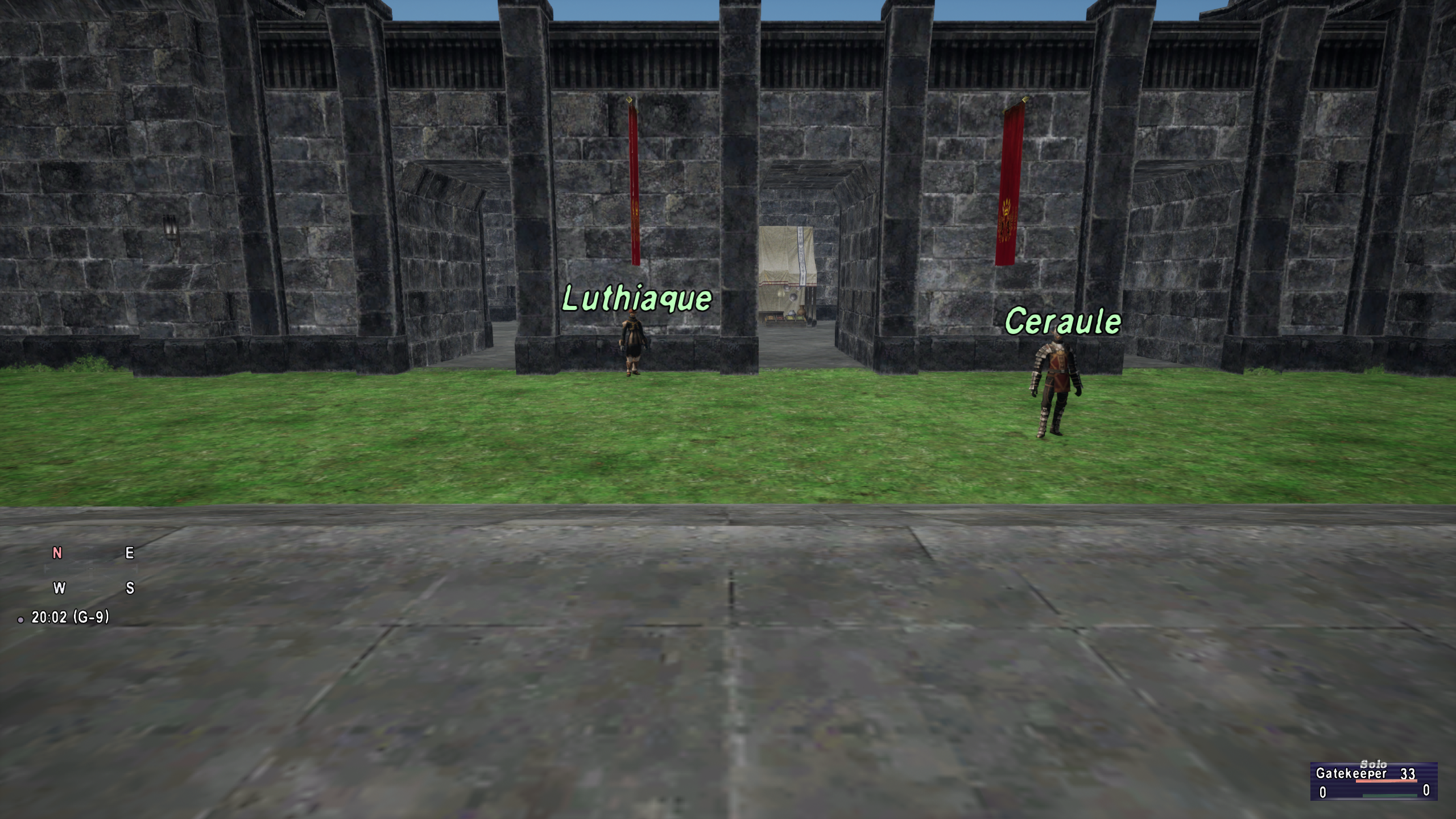 First-person view of San d'Oria's stone gate, grassy verge, red banners and two nearby NPCs, with the current compass and status display.