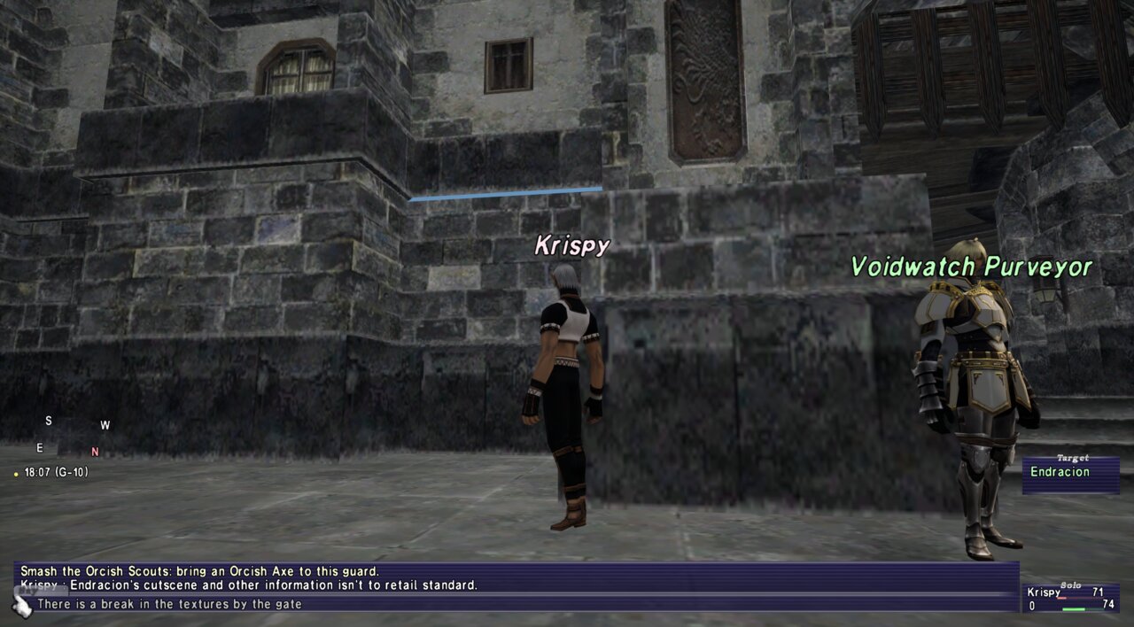 A narrow blue strip of sky is visible through a joint in the stone wall near the Voidwatch Purveyor in San d’Oria.